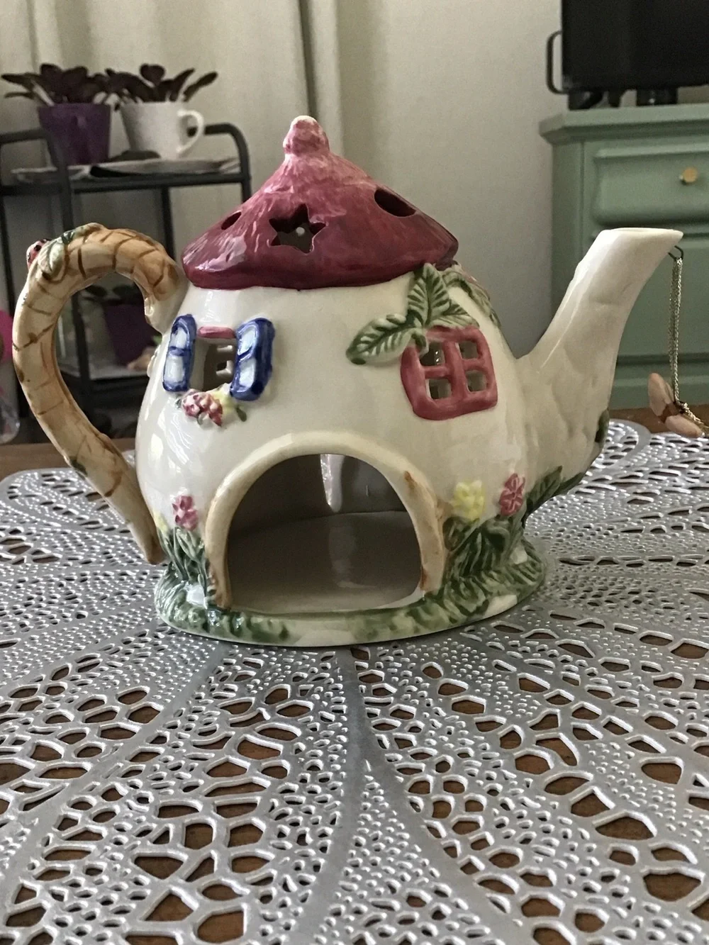 Teapot Cottage Tealight Holder Luminary, fairy garden look